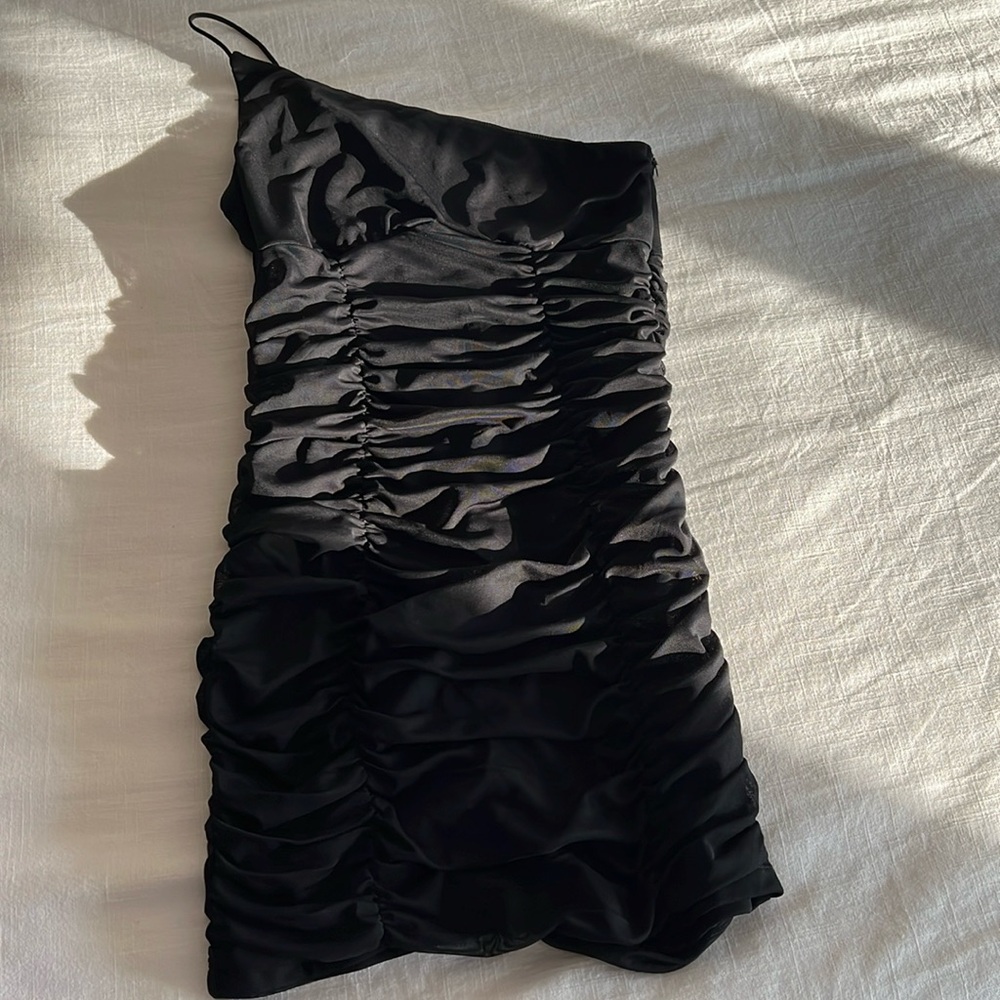 one shoulder forever 21 black ruching mini dress mesh